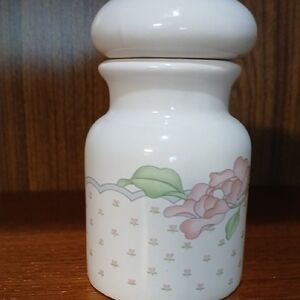 Sango White Ceramic Apothecary Jar with Pink Flowers and Green Leaves